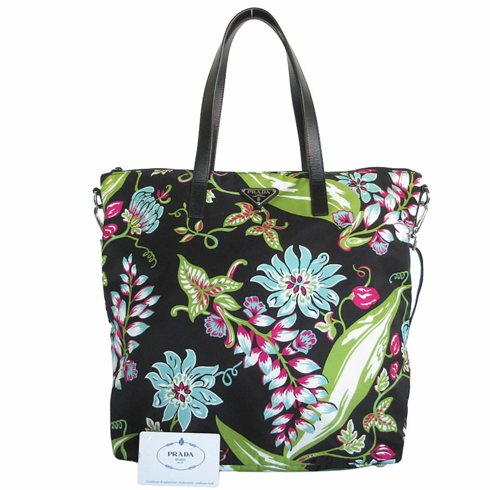 Prada Tessuto Stampato floral Flower tote bag black saffiano